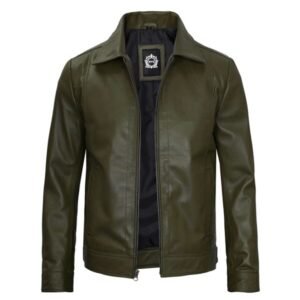 Men's Dark Green Real Leather Harrington Jacket 03-01-01