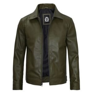 Men's Dark Green Real Leather Harrington Jacket 03-01