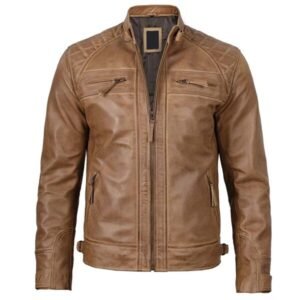 Men's Distressed Camel Brown Cafe Racer Leather Jacket 3