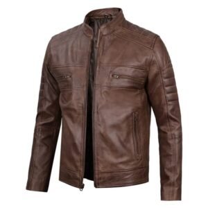 Men's Distressed Coffee Brown Leather Cafe Racer Jacket 1