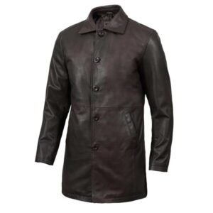 Mens Distressed Dark Brown Leather Car Coat