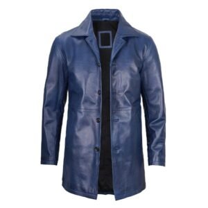 Mens Leather Blue Car Coat