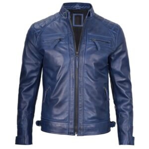 Mens Leather Blue Wax Cafe Racer Biker Jacket 2