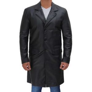 Mens Long Black Real Cowhide Leather Trench Coat