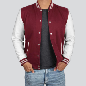 Mens Maroon And White Varsity Jacket