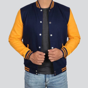 Mens Navy Blue And Yellow Varsity Jacket