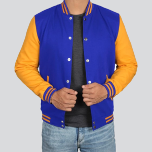 Men's Plain Blue And Yellow Varsity Jacket