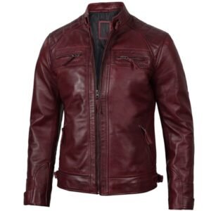 Mens Real Leather Maroon Quilted Biker Jacket [Few Left] 3