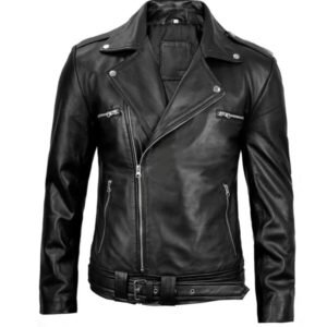 Negan Mens Black Asymmetrical Leather Biker Jacket 2