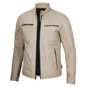 Premium Beige Cafe Racer Leather Jacket For Men 3