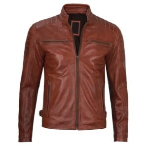 Premium Cognac Brown Cafe Racer Leather Jacket For Men 2