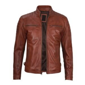 Premium Cognac Brown Cafe Racer Leather Jacket For Men 3