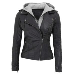 Premium Removable Hooded Women's Black Leather Jacket