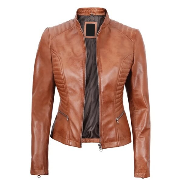 Rachel Womens Tan Slim Fit Cafe Racer Leather Jacket - Limited Stock