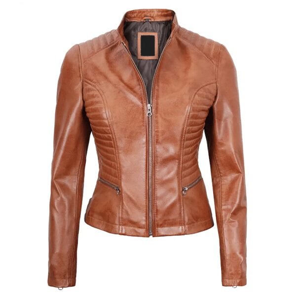 Rachel Womens Tan Slim Fit Cafe Racer Leather Jacket - Limited Stock 1