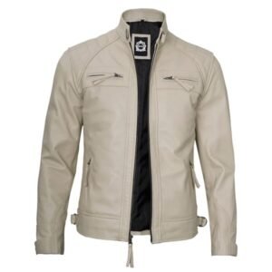 Real Leather Classic Mens Beige Cafe Racer Biker Jacket