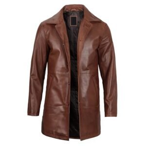 Tan Mens Distressed 3/4 Length Leather Car Coat