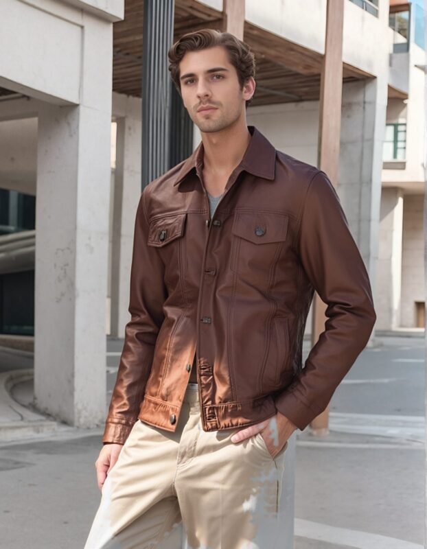 Harrington Brown Leather Trucker Jacket