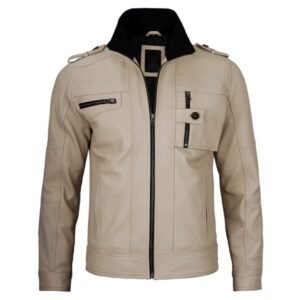 Tavares Mens Distressed Beige Leather Biker Jacket 2