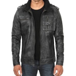 Tavares Men’s Distressed Black Leather Biker Jacket