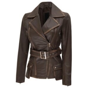 Womens Asymmetrical Distressed Brown Belted Leather Jacket