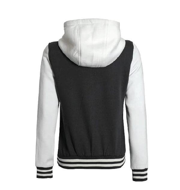 Womens Black And White Hooded Varsity Jacket - Baseball Style