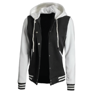 Womens Black And White Hooded Varsity Jacket - Baseball Style