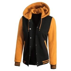 Womens Black & Yellow Hooded Varsity Jacket - Baseball Style 1