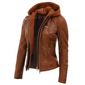 Womens Cognac Slim Fit Leather Jacket With Removable Hood