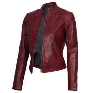 Womens Maroon Cafe Racer Leather Jacket