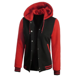 Womens Red And Black Varsity Letterman Jacket With Hood 1