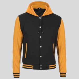 Yellow And Black Varsity Letterman Jacket With Hood